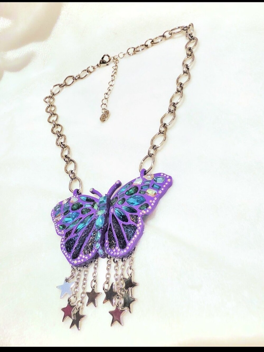 Silver Chain Purple Multicolor Crystal Purple Butterfly Star Necklace - Picture 13 of 14